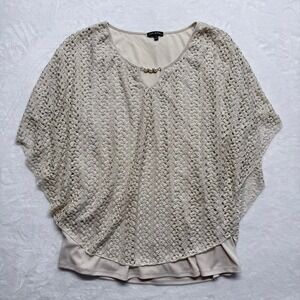 Jade Moon Lace Overlay Beaded Neckline‎ Poncho Top Blouse Women 2X Beige